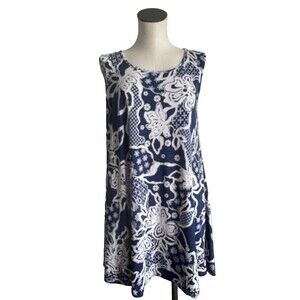 SJS Floral Sleeveless Blue White Shift Dress Coastal Textured Cruise Medium